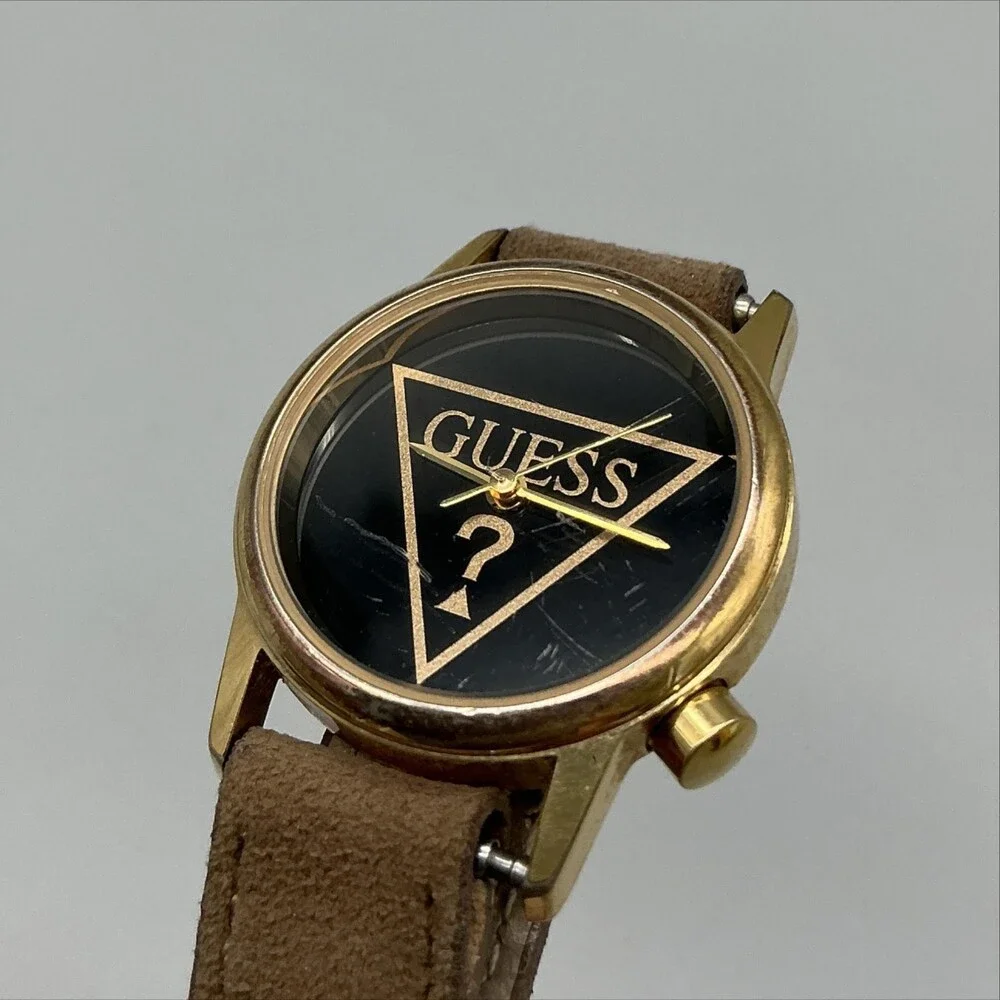 Vintage Guess 1991 Womens Watch 25mm Black Logo Dial Gold Tone New Battery